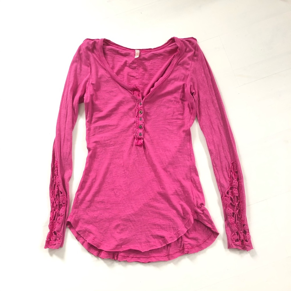 Free People Longsleeve Dolphin Hem Crocheted Shirt